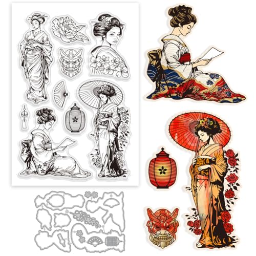GLOBLELAND - Juego de sellos transparentes y matrices de corte geisha oriental japonesa para fabricación de tarjetas de flores, peonía, sello transparente de silicona, linterna de metal
