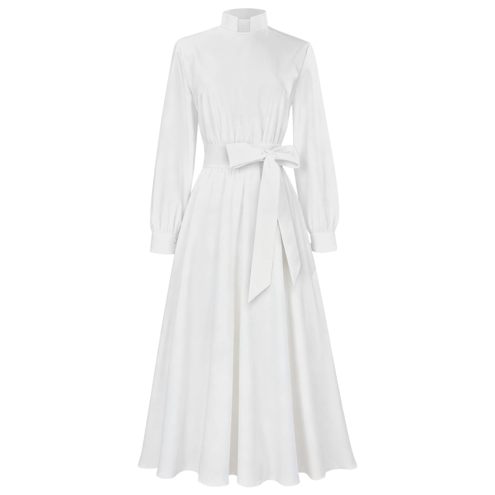 Bauzuoyo Nun Costume Women's Long Church Dresses Medieval Cosplay Priest Robe Black White Plain Stand-Up Collar Long Sleeve Dress with Belt Wedding Carnival Party Stage Costumes, White, L