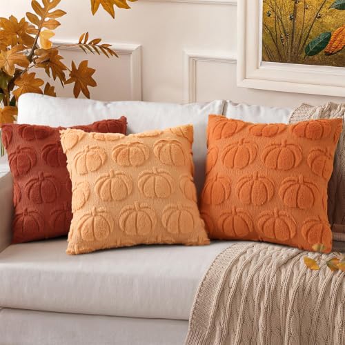 Image of decorUhome Fall Decorative Pumpkin Throw Pillow Covers 20x20 Set of 2, Soft Faux Fur Plush Farmhouse Accent Pillow Cases for Couch Bed Sofa Autumn Harvest Halloween Holiday Home Decor