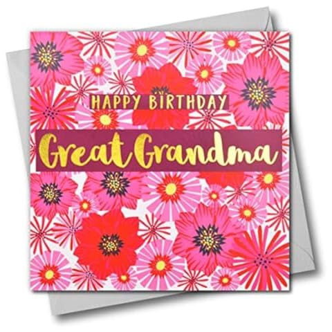 Claire Giles Happy Birthday Great Grandma, Pink Flowers, Greeting Card with Text Foiled in Shiny Gold, pink|red|yellow Cover