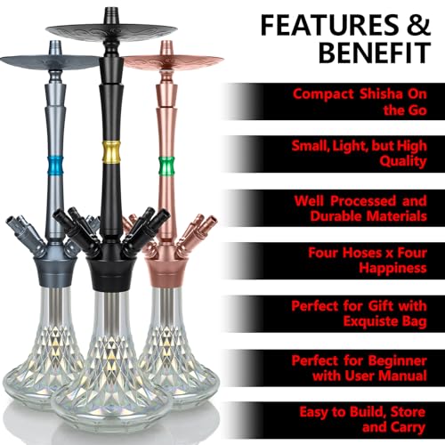 schlauch Shisha Set Komplett Schisha 4 Anschlüsse - Shisha mit Premium Wasserpfeife Zubehör inkl. 4 Schaluch Phunnel Kopf Mit HMD + 4 Mundstück Tauchrohr - Schwarz