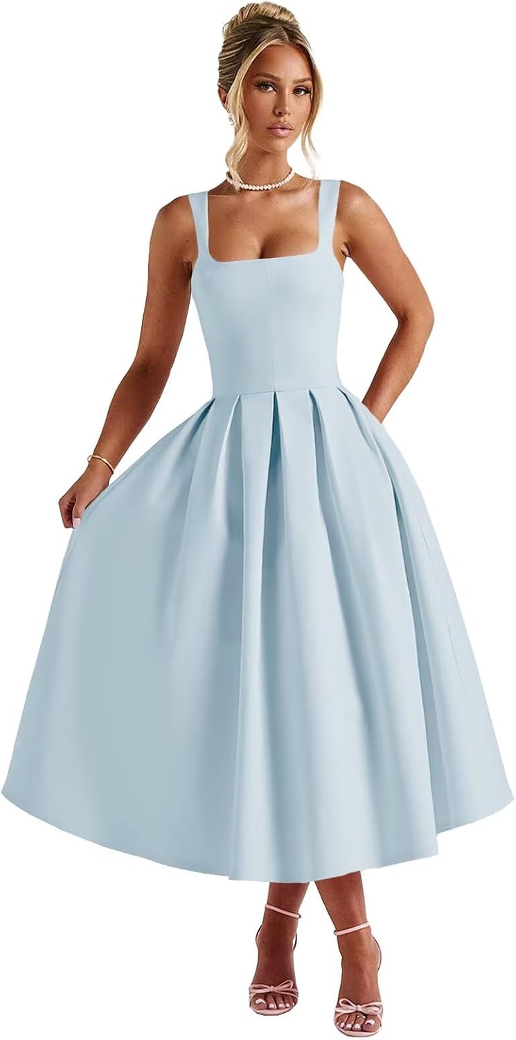 Tea Length Satin Prom Dresses 2025 A-Line Backless Corset Cocktail Formal Evening Gown with Pockets