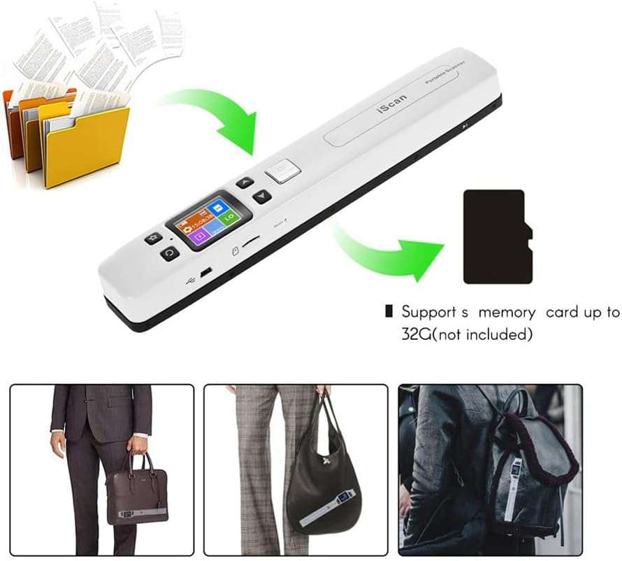 Examples of scanning different document types (photos, documents, receipts) at their recommended DPI settings (1050, 600, 300) using the BUTXET iScan Portable Document Scanner.
