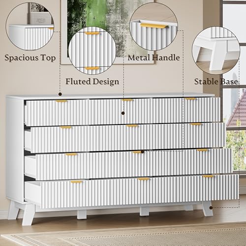 Image of BORNOON 57 inch Wide Dresser for Bedroom, 12-Drawer Fluted Dresser with Metal Handles, Wood Chest of Drawers with Smooth Slides and Stable Base, Modern Storage Cabinet for Living Room, Nursery