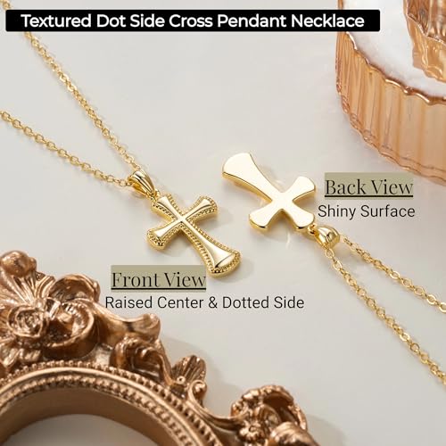 Gold Cross Necklaces for Women 14K Gold Cross Necklace for Women Pendant Necklace Womens Fine Dotted Border and Raised Surface Dainty Cross Chain for Womens Faith (16.5''+3.2'')4