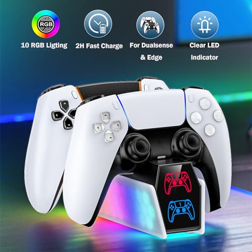 Estação de carregamento para controladores PS5 e Edge, com luzes RGB e indicadores LED, suporte de b