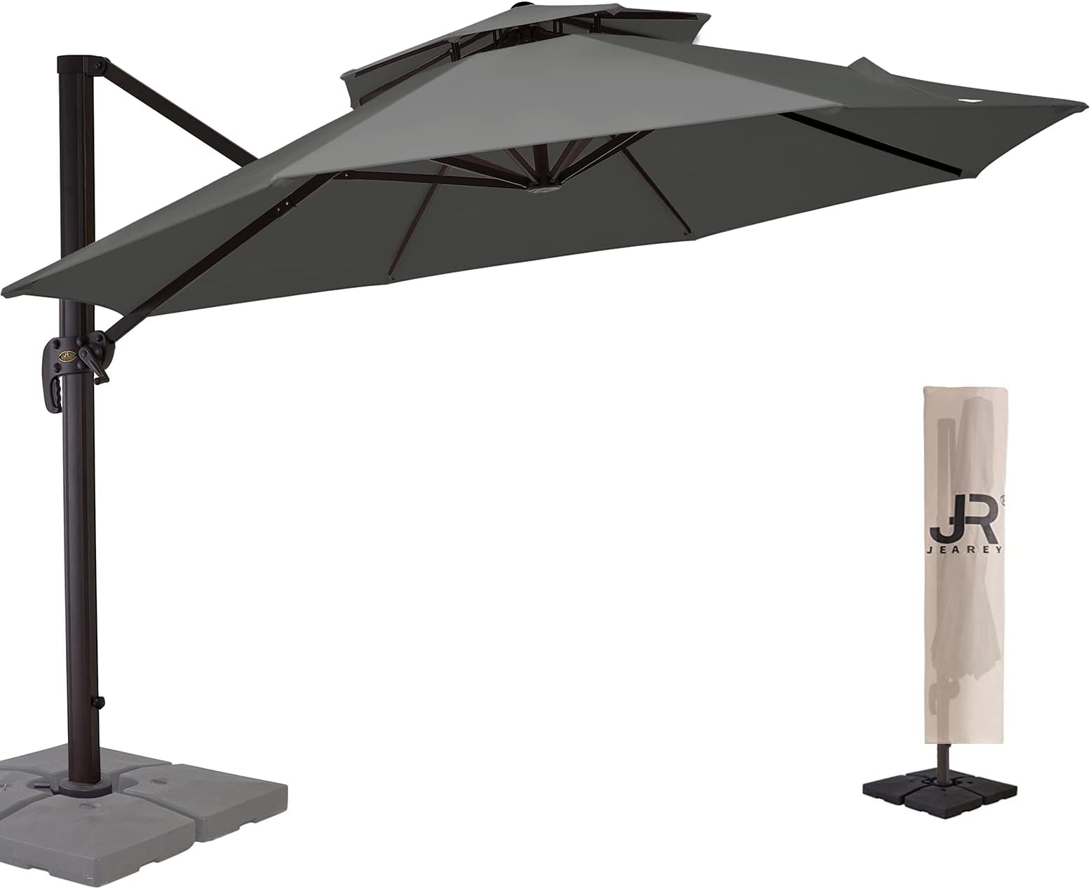 JEAREY Curvy Cantilever Patio Umbrellas Large Outdoor Heavy Duty Offset Hanging Umbrella with Base for Swimming Pool, Garden, Porch, Deck, Lawn, Backyard and Market