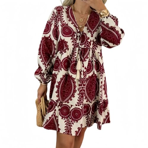 Cresay Women's Floral Print Boho Long Puff Sleeve A-Line Loose Button Sexy Nightclub Party Casual Beach Blouse Dress Baroque (Wine,3X-Large)