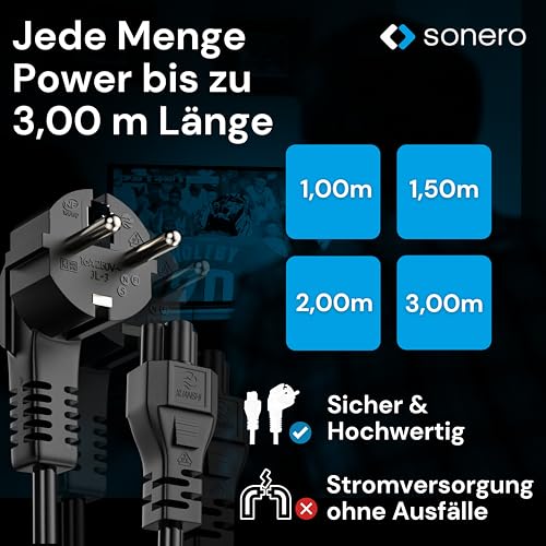 sonero Kabel zasilający 3-biegunowy, 3,0 m, wtyczka ze stykiem ochronnym, wtyczka sieciowa do gniazda C5, kabel sieciowy zasilacz sieciowy kabel zasilający do monitora PC laptopa, czarny