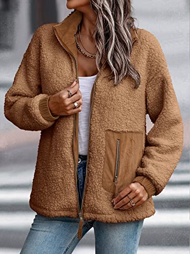 Cctoo Women's Sherpa Fleece Jackets Casual Long Sleeve Open Front Zip Up Lapel Jacket Fuzzy Coat Faux Fur Outwear Camel Small #TOP1