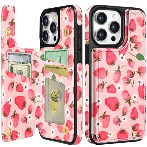 Lotadilo for iPhone 15 Pro Max Wallet Case with Card Holder, Designer Strawberry Pattern Kickstand Magnetic Clasp Back Flip Folio Leather Phone Cases for iPhone 15 Promax for Women Men Girls