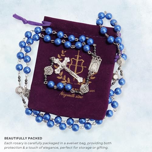 Nazareth Store Pearl Beads Rosary Metal Mystery Roses with Hematite stones, Catholic Rosary Necklace Our Rose Lourdes Medal & Cross Crucifix4