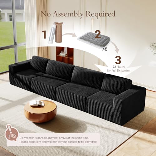 Image of Vesgantti 159 inch Modular Sectional Sofa, Corduroy Cloud Couch with Extra Deep Seats & Spring Support, Flexible Layout 4-Seater Boneless Couch, No Assembly Required, Black