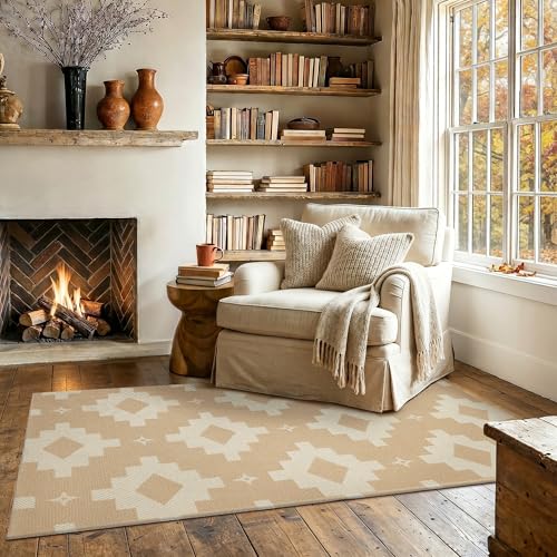 MatEssenz 3x5 Washable Area Rug, Boho Geometric Woven Nursery Mat, Kid and Pet Friendly Accent Rug for Bedroom & Playroom, Neutral Decor, Beige