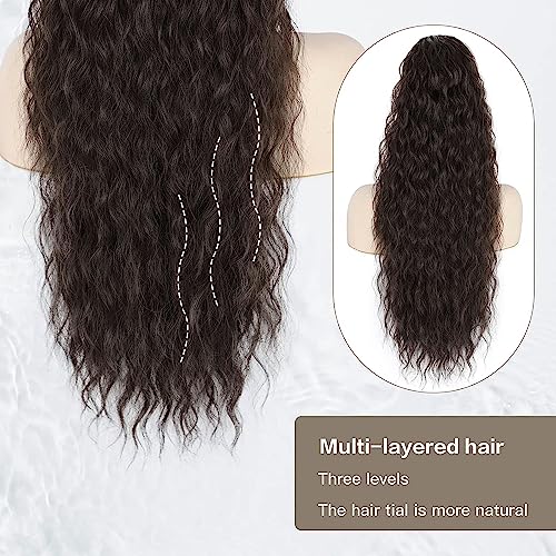 PORSMEER Ponytail Extension Dark Brown Long Curly Drawstring Clip in Pony Hair Extension Synthetic Water Curl Pony Tail Hairpiece for Women - Image 4