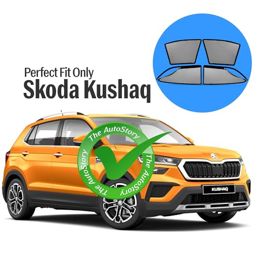 Image of AutoStory Magnetic Car Sunshade for Skoda Kushaq | Front Half Cut for Mirror Visibility + Rear Full Coverage with Zipper | Heavy Heat & UV Protection | Privacy Side Window Curtains Shades