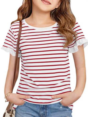 Image of Haloumoning Girls Striped Ruffle Short Sleeve T Shirts Kids Summer Crewneck Tops Casual Tees 5-14 Years