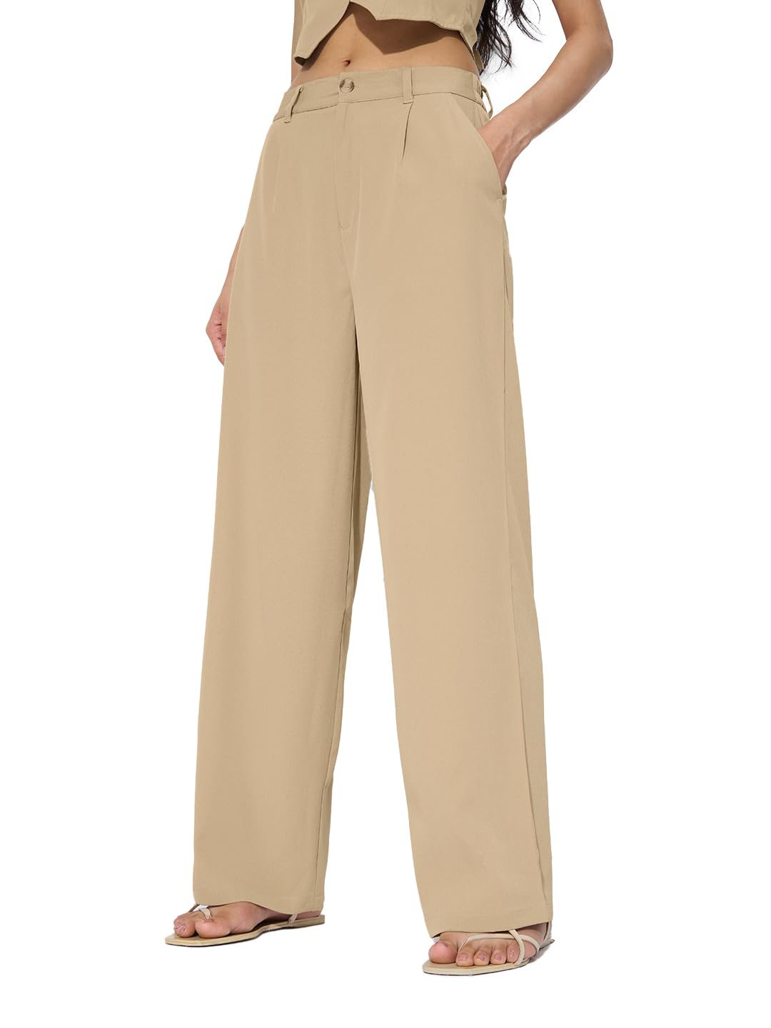 The Souled Store Solids: Sapphire Women and Girls Buttoned Polyester Straight Fit Pants in neutral