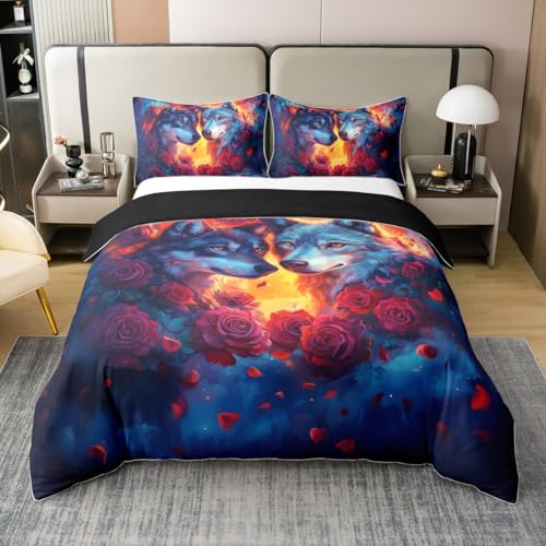 Wolf Couple Duvet Cover Queen Size for Kids Boys Teens,3D Watercolor Animals 3 Pieces Duvet Cover,Dreamy Red Rose Flowers Comforter Cover (Not Comforter),Tie Dyed Sky Quilt Cover