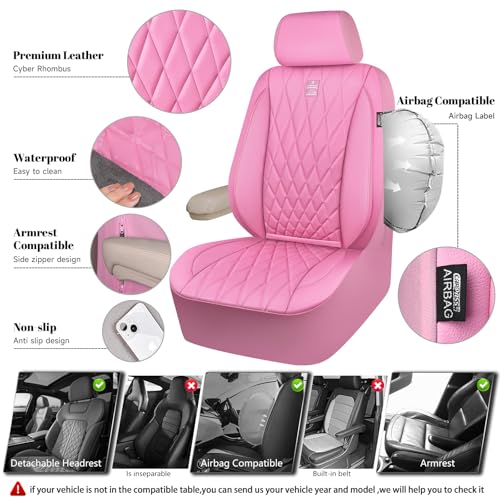 Image of CAR PASS Piping Luxury Leather Two Front Car Seat Covers, Cute Girly Waterproof Anti Slip Seat Covers Compatible with Front Seat Armrests,Universal Fit for Suvs,Vans,Trucks,Airbag Compatible(All Pink)