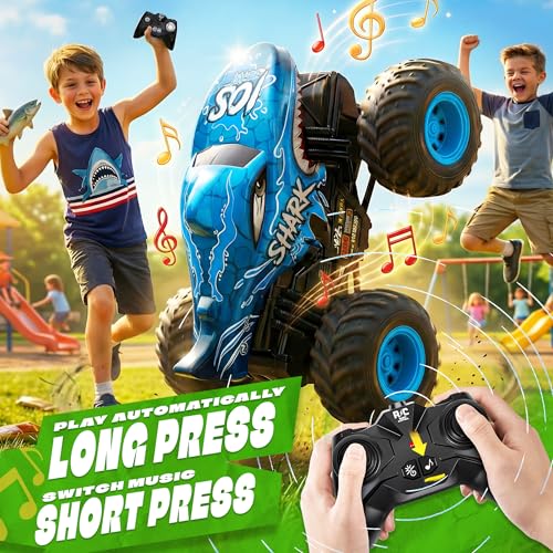 Image of BEZGAR Monster Truck Toys - Remote Control Monster Truck with Light & Music, Dinosaur Toys for Kids, 1:20 Scale RC Truck with 360 Spins and Drifting, Remote Control Car for Boys (Blue)