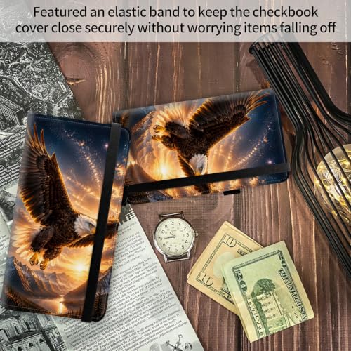 Image of FUYOCWE Bald Eagle Mountain Sunset Checkbook Cover for Men & Women | RFID Blocking Vegan Leather Checkbook Case Card Holder for Personal and Business Checks with Pen Holder & Elastic Band