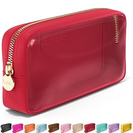 Embla Clear Cosmetic Bag Makeup Case, Clear Zipper Make Up Pouch and Toiletry Travel Tote, Cute Skincare Pouches for Women Girls, Preppy Purse Cosmetic Organizer, Small Makeup Bags, Ruby Red