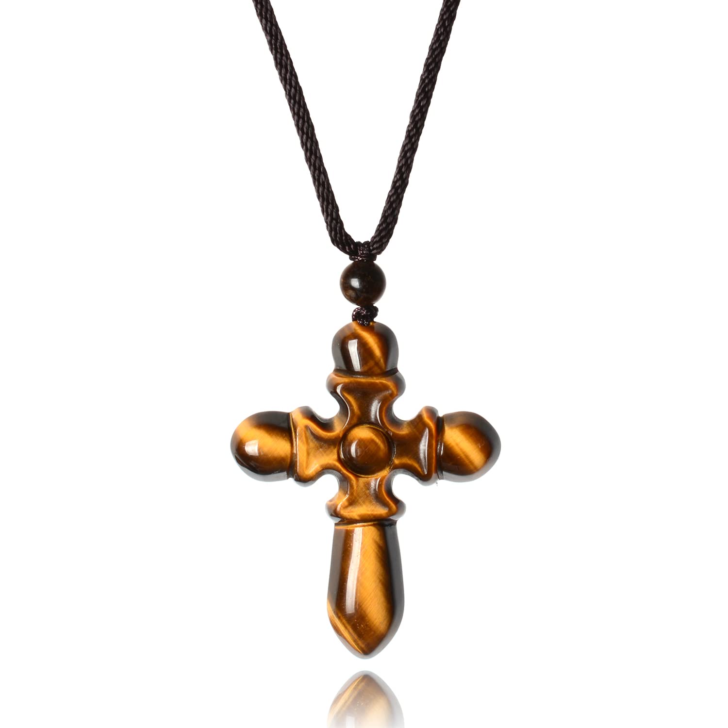 QIANXU Tigers Eye Crystal Cross Necklaces for Women Mens Amulet Jesus Protection Necklace Pendant Healing Jewlery Adjustable Rope