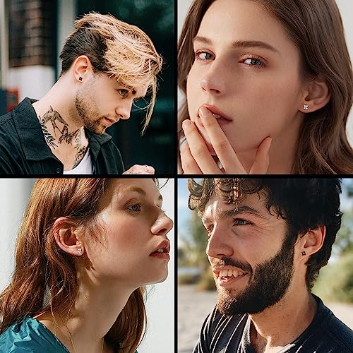 ORAZIO Black Silver Earrings for Men,Stainless Steel Cubic Zirconia Earrings 20G Mens Earrings Hypoallergenic CZ Earrings Studs Trendy Square Earring Studs Set 4-8MM3