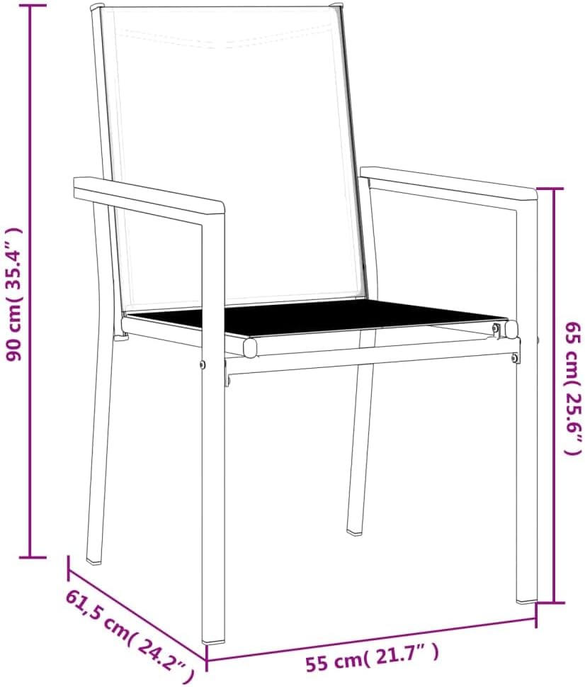 Close-up view of the black textilene fabric and grey powder-coated steel frame of the vidaXL patio chair, showing the texture and construction.