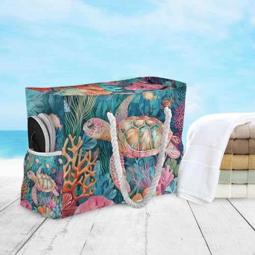 Image of Beach Tote Bags for Women, Turtle Flower Starfish Large Beach Shoulder Bag Pool Bags Purse