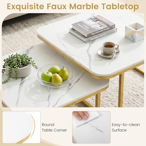 Image of GIANTEX Nesting Coffee Table Set of 2, Faux Marble Center Table with Metal Frame, Modern Square Accent Cocktail Table, Small Coffee Table for Living Room, Small Spaces (White & Gold)