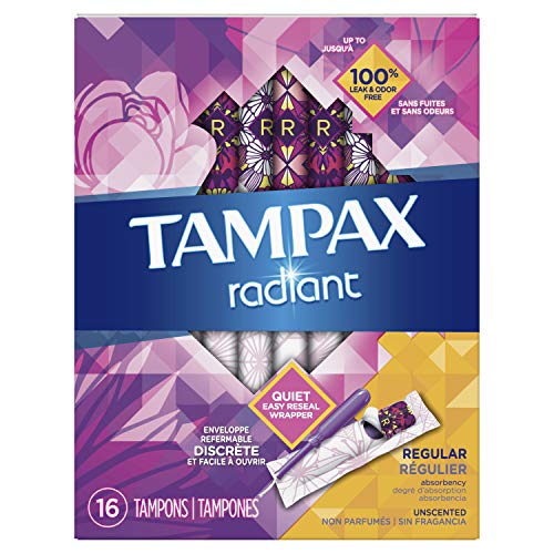 Tampax Radiant Regular Tampons with Plastic Applicator, Unscented, 16 Count (Packaging May Vary)