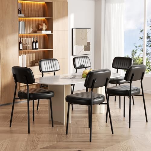 Image of Dining Chairs Set of 6, Modern Faux Leather Dining Chairs with Thick Cushions Seat Back and Metal Legs, Comfy Upholstered Kitchen Chairs for Dining Living Room (Black)