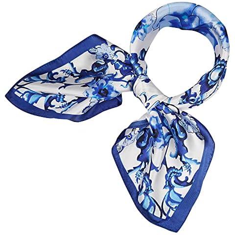YOUR SMILE 100% Silk Scarf Women’s Fashion Pattern Large Square Satin Headscarf Headdress 24''x24'',Blue Flower Cover