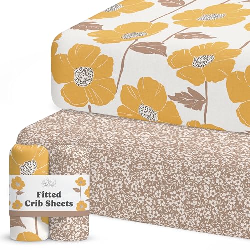 Image of Crib Sheets Neutral - Fitted Baby Crib Sheets Bed for Girl Boy - 2 Pack Standard & Toddler Mattress (Poppy Fields) - Buttery Soft Organic Cotton Blend