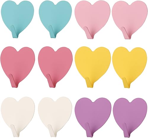 Miniatura 6 de Paquete de 12 ganchos decorativos de pared en forma de corazón, gancho de pared adhesivo fuerte de acero inoxidable para el hogar, cocina, baño