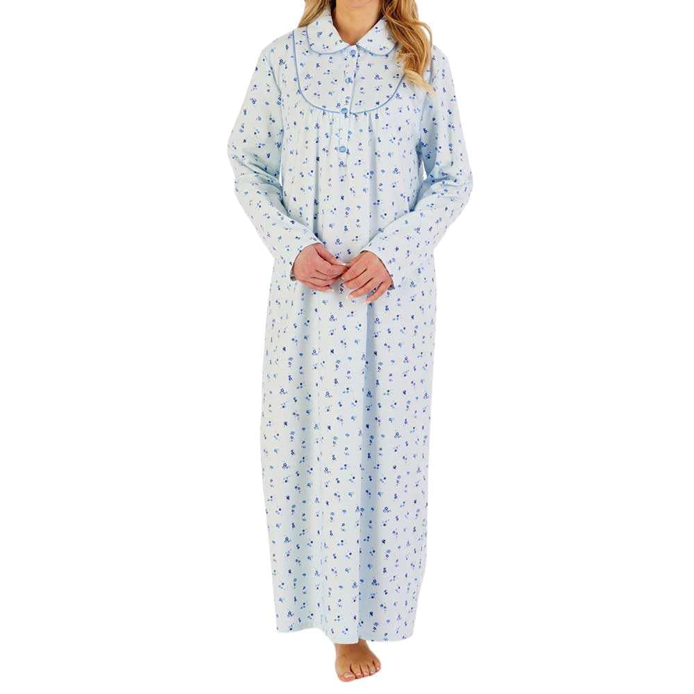 Slenderella 51" Collared Brushed Cotton Nightie ND06212 Blue 12-14