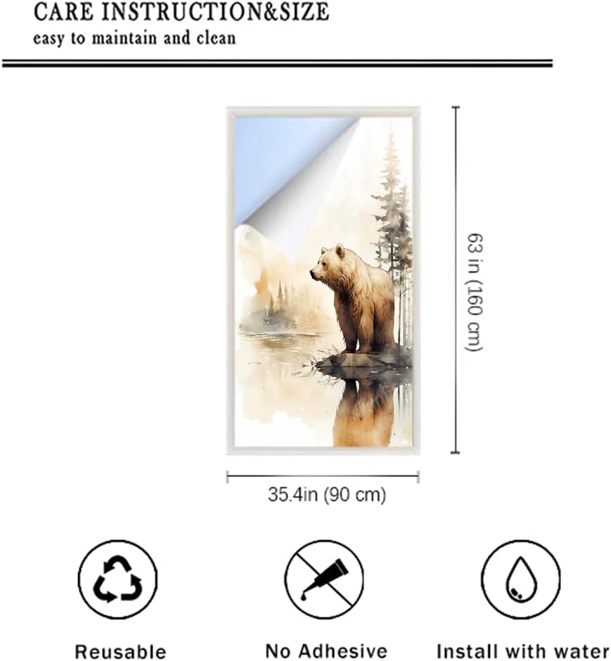 Rustic Abstract Bear Window Privacy Film Cartoon Brown Animal Tree Watercolor Stained Glass Window Film Sun Blocking Heat Control Decorative Window Covering Film for Home Office 35.4Wx63L inch