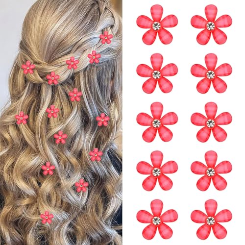 Mezrkuwr - 10 mini fermagli per capelli con strass, graziosi fermagli per capelli a forma di fiore, forcine per capelli decorative, per matrimonio, accessori per capelli, rosso