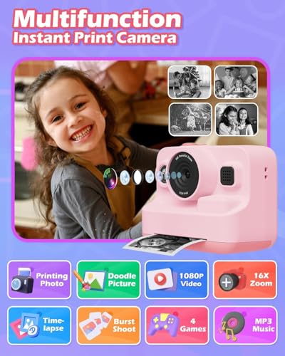 Image of Camera Instant Print, 1080P Kids Digital Camera with Printer Paper, Christmas Birthday Gift for Girls (Pink)