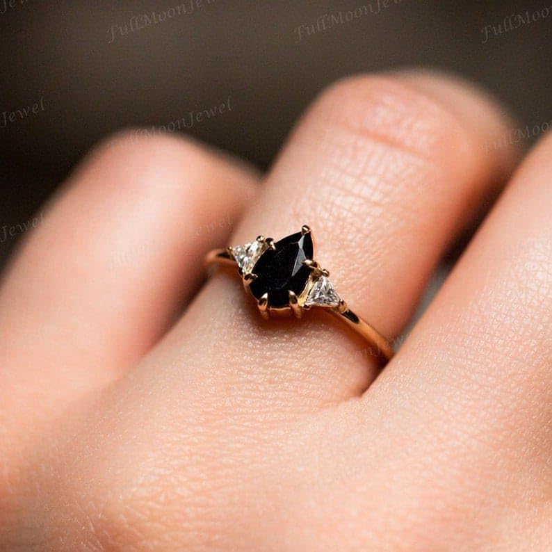 1 ct. Pear Onyx & Triangle Moissanite Ring, 14k Gold Pear Black Onyx Ring, Black Gem Side Stone Rings - GJH1763