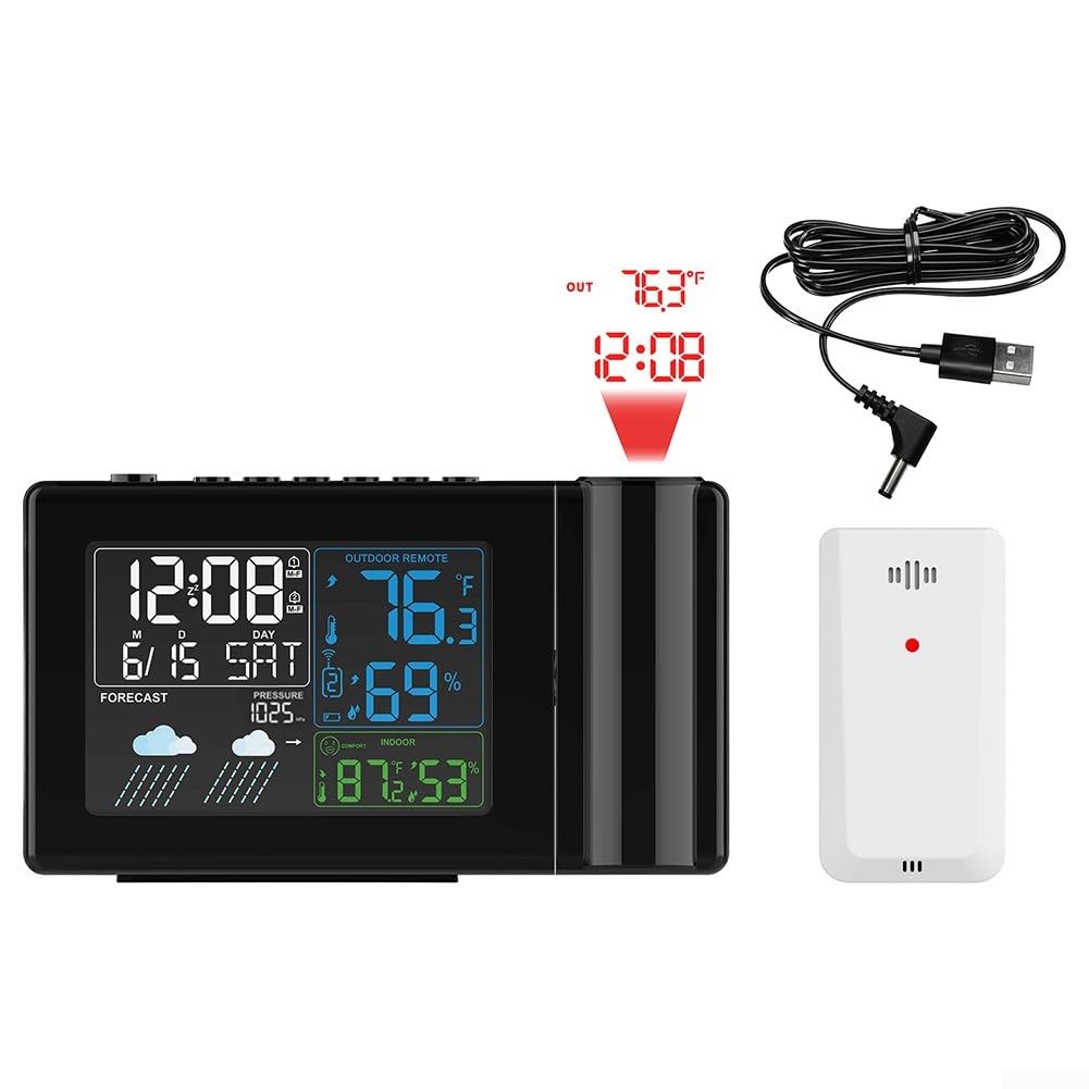 Wetterstation Funk Outdoor Digital Projektion Wecker Thermometer Innen Hygrometer Temperaturvorhersage