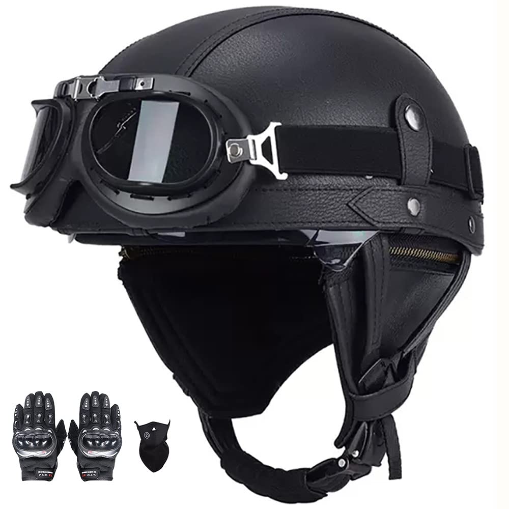 Beyswage Men's H Motorcycle Alf Elmet, Retro Jet Elmet + Goggles, Adjustable Size, Comfortable Liner, Dot/Ece Approved Open Face Elmet For And Wo, For Cruiser, Moped, Scooter (54~61Cm)