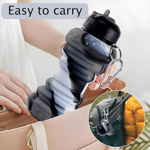 Image of Kuber Industries Pack of 2 Collapsible 600 ml Silicone Water Bottle With Flip Cap | Lightweight & Portable School Water Bottle - Ideal For Travel & Gym | Black