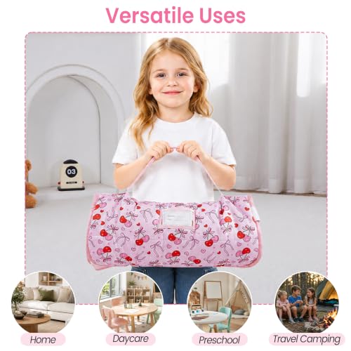 Image of Viviland Toddler Nap Mat with Pillow and Minky Dot Blanket, Cherry Bows