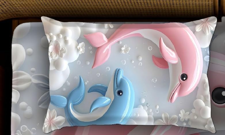 Image of Amazon Brand - Umi 7D Flat Bedsheet Sheet Set, Blue and White Floral Design, Decorative Bedding with Daisy Pattern, Kids Room Decor, 90X100 Inch (Fish)