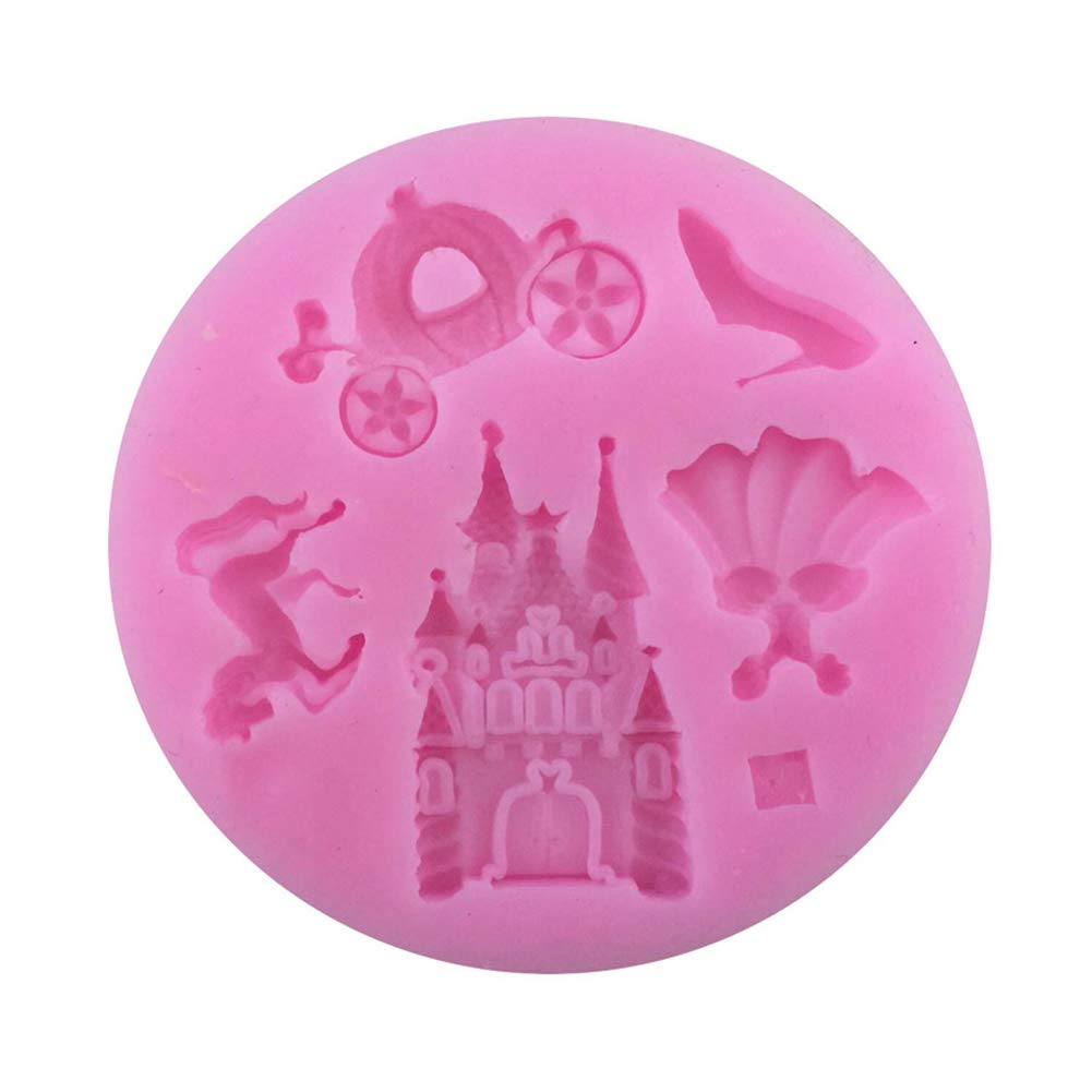 Wudi 1Pack 5 Hole Cinderella Silicone Fondant Cake Decoration Mold Candy Chocolate Mold Clay Mold Pumpkin Carriage Castle Crystal Shoes