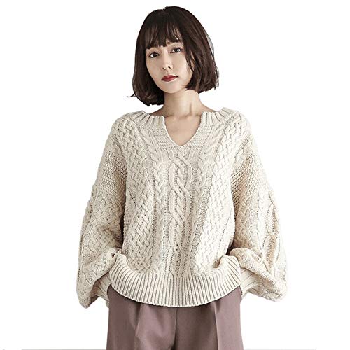 AILITI Vネック ニットセーター レディース トップス 長袖 キーネック ケーブル編み ニット ブルオーバー ぽリューム袖 大人 可愛い 秋冬春 (アイボリー)