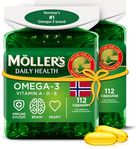 Moller’s ® | Cápsulas de omega 3 | Aceite de pescado | Suplemento dietético nórdico con omega 3 y EPA, DHA, vitaminas A, D y E | Marca con 166 años de historia | Daily Health | 112 cápsulas x 2